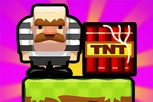 Piirroshahmo raidallisessa asussa seisoo vihreällä alustalla TNT-laatikon vieressä värikkäällä taustalla