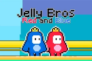 Kaksi pikselimäistä hahmoa, sininen ja punainen, seisovat vierekkäin keltaisella palkilla kruunut päässään, yläpuolella teksti Jelly Bros Red and Blue