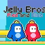 Kaksi pikselimäistä hahmoa, sininen ja punainen, seisovat vierekkäin keltaisella palkilla kruunut päässään, yläpuolella teksti Jelly Bros Red and Blue