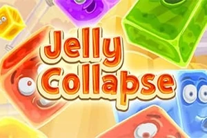 Värikkäitä hyytelömäisiä palikoita, joissa on kasvot, kelluvat taustalla keltaisella Jelly Collapse -tekstillä