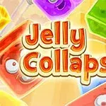 Värikkäitä hyytelömäisiä palikoita, joissa on kasvot, kelluvat taustalla keltaisella Jelly Collapse -tekstillä