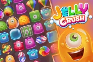 Värikkäitä, piirrettyjä hyytelömäisiä hahmoja ja elementtejä tummalla taustalla oikealla olevan iloisen yksisilmäisen hahmon vieressä, tekstillä Jelly Crush