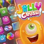 Värikkäitä, piirrettyjä hyytelömäisiä hahmoja ja elementtejä tummalla taustalla oikealla olevan iloisen yksisilmäisen hahmon vieressä, tekstillä Jelly Crush