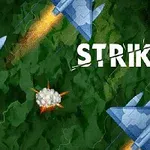 Sinisiä hävittäjiä lentää vihreän maaston yllä, ja STRIKE teksti näkyy oikealla puolella räjähdyksen vieressä