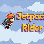 Kaksi hahmoa lentää rakettirepuilla pilvien keskellä, ja keskellä lukee Jetpack Rider värikkäin kirjaimin