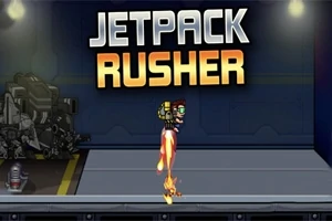 Hahmo lentää jetpackin avulla tummassa teknologiaympäristössä, ja yläosassa lukee Jetpack Rusher