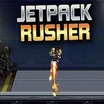 Hahmo lentää jetpackin avulla tummassa teknologiaympäristössä, ja yläosassa lukee Jetpack Rusher