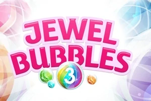 Vaaleanpunainen teksti Jewel Bubbles 3 värikkäiden jalokivien ympäröimänä valkoisella taustalla