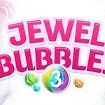Vaaleanpunainen teksti Jewel Bubbles 3 värikkäiden jalokivien ympäröimänä valkoisella taustalla