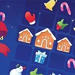 Jouluteemainen kuva, jossa on piparkakkutaloja, lumimiehiä, karkkikeppejä, kellot ja punainen hansikas sinisellä taustalla sekä teksti Jewel Christmas Mania