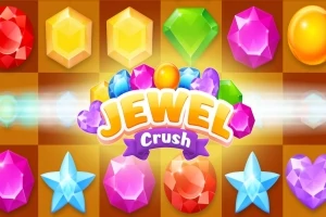 Kirkkaanvärisiä jalokiviä ja tähtiä ruskealla taustalla, keskellä teksti Jewel Crush