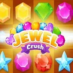 Kirkkaanvärisiä jalokiviä ja tähtiä ruskealla taustalla, keskellä teksti Jewel Crush
