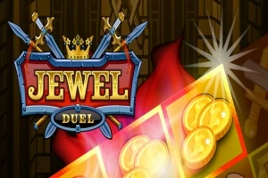 Kilpi ja miekat kummallakin puolella tekstiä JEWEL DUEL, taustalla kultakolikoita ja punainen viitta