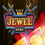 Kilpi ja miekat kummallakin puolella tekstiä JEWEL DUEL, taustalla kultakolikoita ja punainen viitta