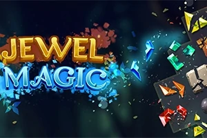 Kirkkaita jalokiviä ja koristeellinen teksti Jewel Magic tummalla taustalla