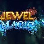 Kirkkaita jalokiviä ja koristeellinen teksti Jewel Magic tummalla taustalla