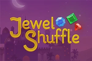 Tekstissä lukee Jewel Shuffle violettia taustaa vasten, ja siinä on kolme jalokiven kuvaa