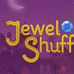 Tekstissä lukee Jewel Shuffle violettia taustaa vasten, ja siinä on kolme jalokiven kuvaa