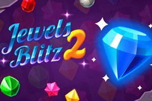 Sinisellä taustalla on suurikokoinen sininen timantti ja värikkäitä jalokiviä eri muodoissa, sekä teksti Jewels Blitz 2