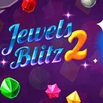 Sinisellä taustalla on suurikokoinen sininen timantti ja värikkäitä jalokiviä eri muodoissa, sekä teksti Jewels Blitz 2