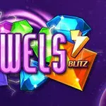Jalokivikoristeinen logo, jossa on värikkäitä timantti- ja jalokivimuotoja sekä teksti JEWELS BLITZ violettia taustaa vasten