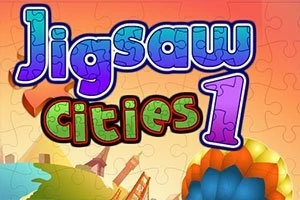 Värikäs otsikkoteksti Jigsaw Cities 1 kuvan keskellä, taustalla palapelin paloja ja kaupungin siluetti