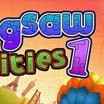 Värikäs otsikkoteksti Jigsaw Cities 1 kuvan keskellä, taustalla palapelin paloja ja kaupungin siluetti
