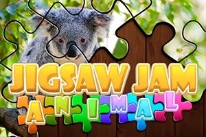 Koala istuu puussa palapelin taustalla, päällä teksti Jigsaw Jam Animal