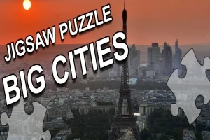 Eiffel-torni auringonlaskun aikaan Pariisissa, edessä palapelin paloja ja teksti Jigsaw Puzzle Big Cities
