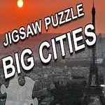 Eiffel-torni auringonlaskun aikaan Pariisissa, edessä palapelin paloja ja teksti Jigsaw Puzzle Big Cities