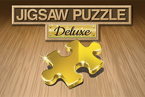 Kultainen palapelin pala puupinnalla, yläpuolella teksti Jigsaw Puzzle Deluxe