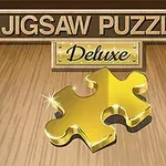 Kultainen palapelin pala puupinnalla, yläpuolella teksti Jigsaw Puzzle Deluxe