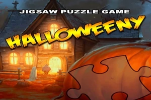 Halloween-aiheinen kuva, jossa on vanha talo, kurpitsalyhty ja palapelin palanen etualalla