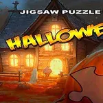 Halloween-aiheinen kuva, jossa on vanha talo, kurpitsalyhty ja palapelin palanen etualalla