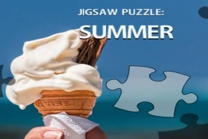Jäätelötötterö, jossa on vaniljajäätelöä ja keksitanko sinisen taivaan edessä, ja siinä on teksti Jigsaw Puzzle: Summer