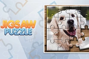 Palapeli, jossa on koiran kuva, ja otsikko Jigsaw Puzzle vasemmalla