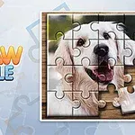 Palapeli, jossa on koiran kuva, ja otsikko Jigsaw Puzzle vasemmalla