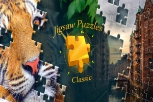 Tiikerin kasvot ja kaupunkinäkymä yhdistetty palapelin palasiksi, keskellä kirjaimet Jigsaw Puzzles Classic