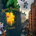 Tiikerin kasvot ja kaupunkinäkymä yhdistetty palapelin palasiksi, keskellä kirjaimet Jigsaw Puzzles Classic