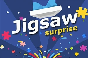Kirkkaita palapelin paloja ja teksti Jigsaw Surprise sinisellä taustalla, jossa on värikäs ilotulitus