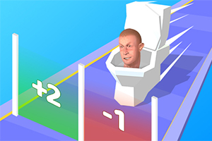 Henkilön pää ilmestyy valkoisesta wc-istuimesta, joka liikkuu eteenpäin värikkäällä radalla, jossa on numeroita +2 ja -1