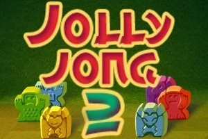 Värikkäät, hahmomuotoiset pelinappulat ja iso Jolly Jong 2 -teksti vihreällä taustalla