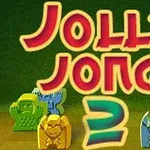 Värikkäät, hahmomuotoiset pelinappulat ja iso Jolly Jong 2 -teksti vihreällä taustalla