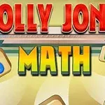 Tekstissä lukee Jolly Jong Math punaisilla ja keltaisilla kirjaimilla, taustalla on numeroitettuja laattoja