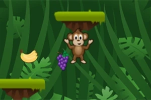 Jolly Jumper Apinahahmo viidakossa banaanin ja viinirypäleiden kanssa, vihreällä taustalla tasoja