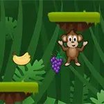 Jolly Jumper Apinahahmo viidakossa banaanin ja viinirypäleiden kanssa, vihreällä taustalla tasoja