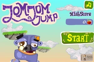 Värikäs piirroshahmo edessä, taustalla pilviä ja kelluvia saaria, ylhäällä teksti Jom Jom Jump