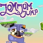 Värikäs piirroshahmo edessä, taustalla pilviä ja kelluvia saaria, ylhäällä teksti Jom Jom Jump