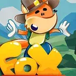 Animoitu kettu hattu päässä seisoo vihreällä taustalla, ja alhaalla on keltaiset kirjaimet Fox