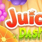 Värikäs puinen tausta, jossa on hedelmiä ja korostettuna sanat Juicy Dash